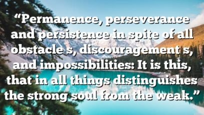 “Permanence, perseverance and persistence in spite of all obstacle s, discouragement s, and impossibilities: It is this, that in all things distinguishes the strong soul from the weak.”